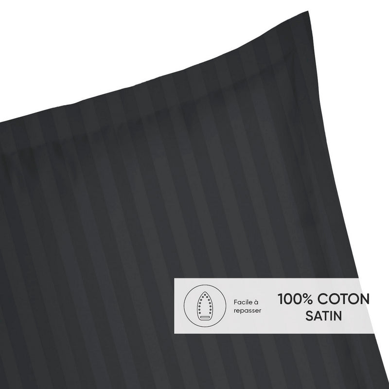 Jacquard - Set De 2 Taies D'Oreiller Satin De Coton Rayure Tissé Jacquard Noir