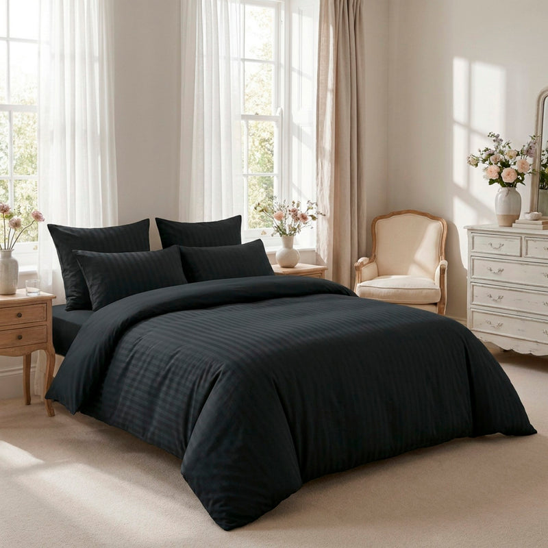 Jacquard - Set De 2 Taies D'Oreiller Satin De Coton Rayure Tissé Jacquard Noir