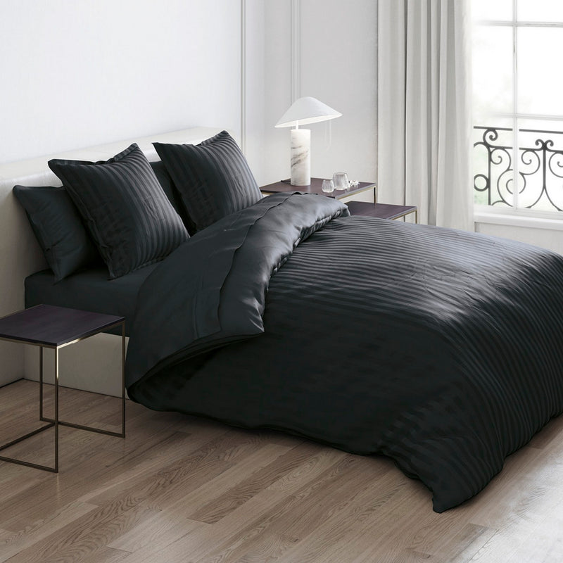 Jacquard - Set De 2 Taies D'Oreiller Satin De Coton Rayure Tissé Jacquard Noir