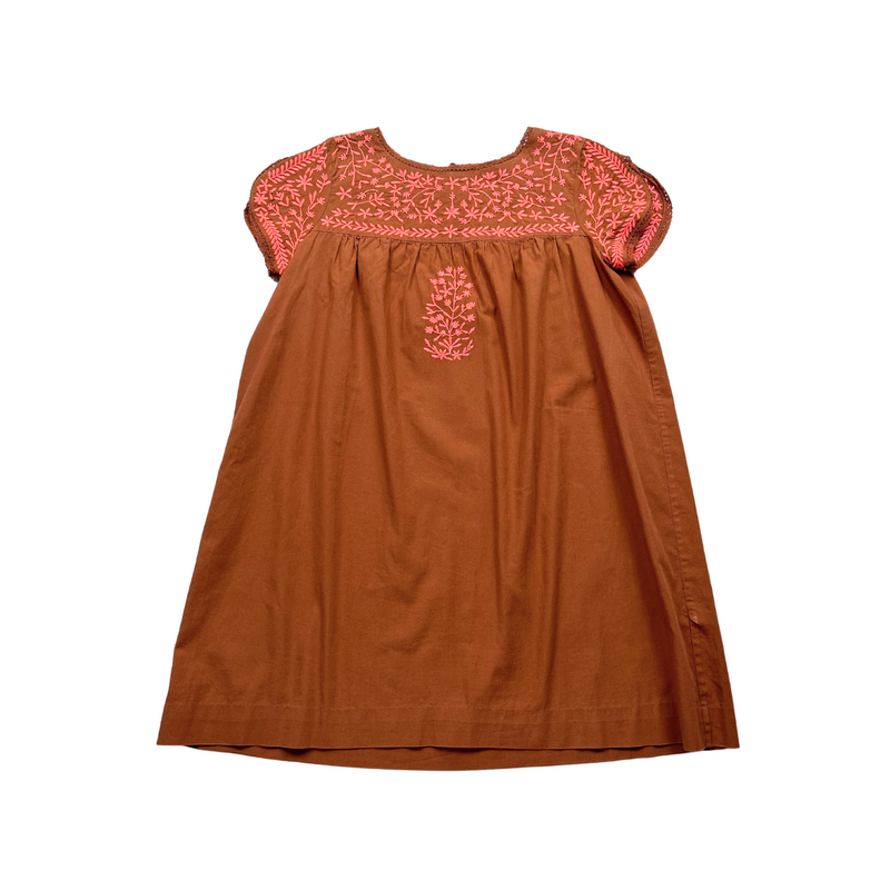 Bonpoint - Robe Marron Avec Broderies Roses - 10 Ans