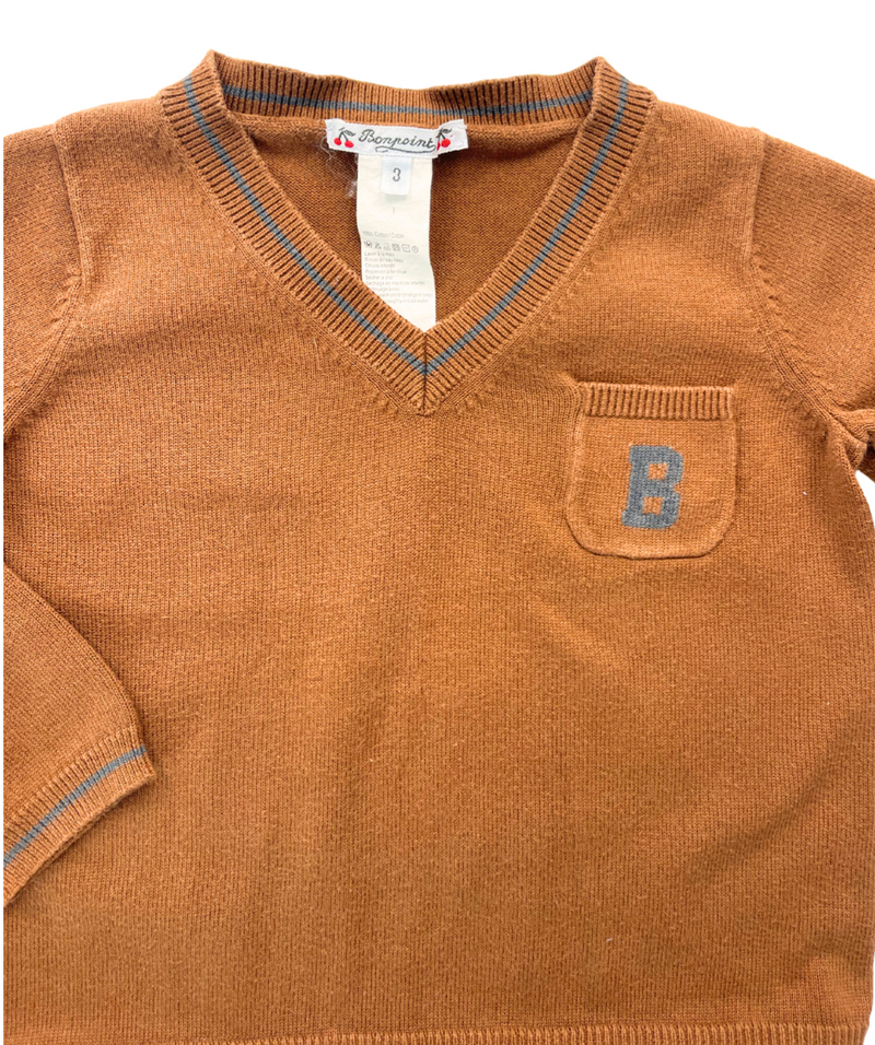 Bonpoint - Pull Marron Col V En Coton - 3 Ans