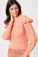 Pull Ml Col Rond Volants - Coral