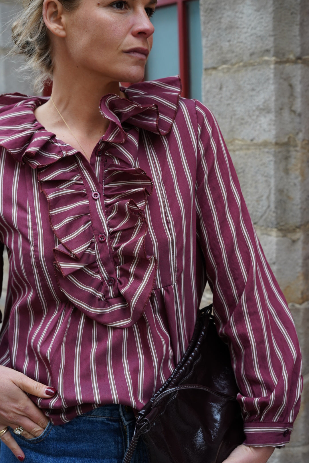 Olympe Stripe Blouse Burgundy