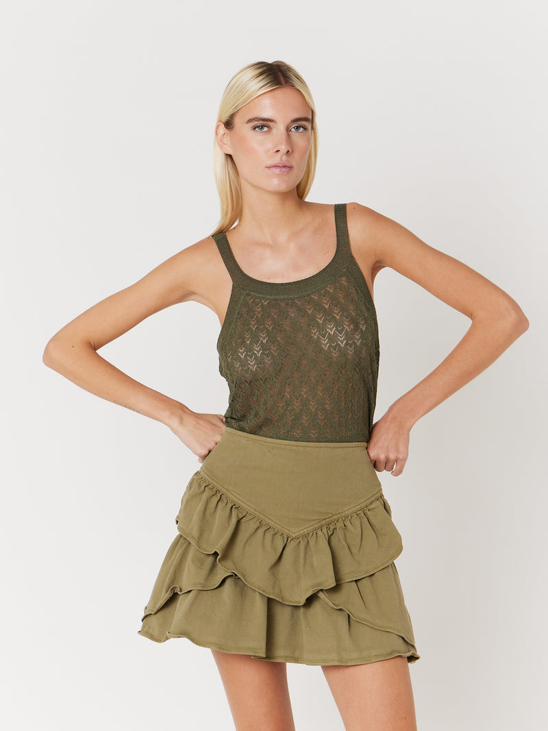 Jupe Denim Unie Volants - Khaki