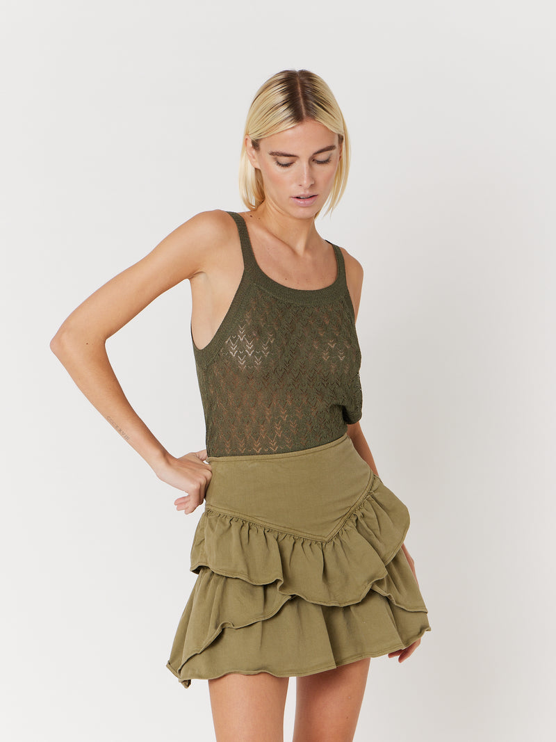 Jupe Denim Unie Volants - Khaki