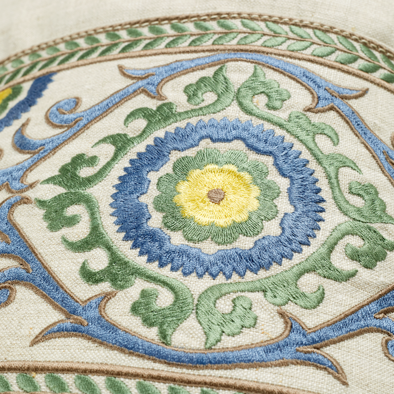Cushion - Sky Cocoon - Natural Linen - Suzani Celestial Blue
