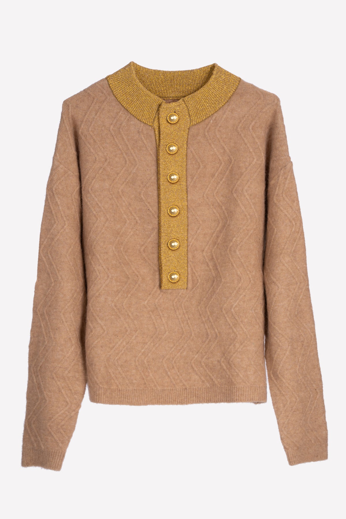 Michonet – Pull Golden Collar Beige, pull en maille beige avec col et patte de boutonnage dorés