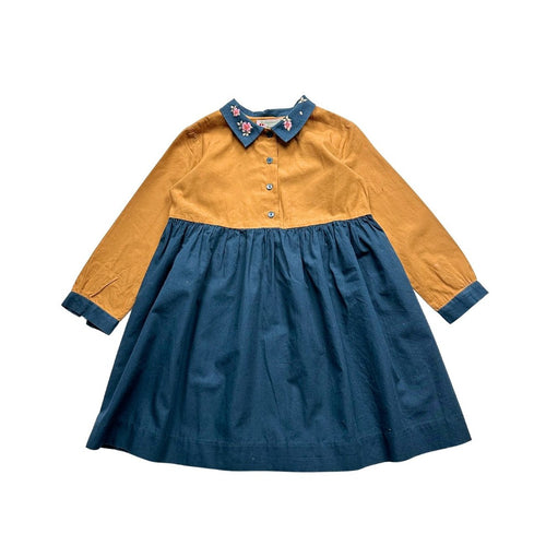 Bonpoint - Robe Bleu Et Marron Col Brodé - 4 Ans