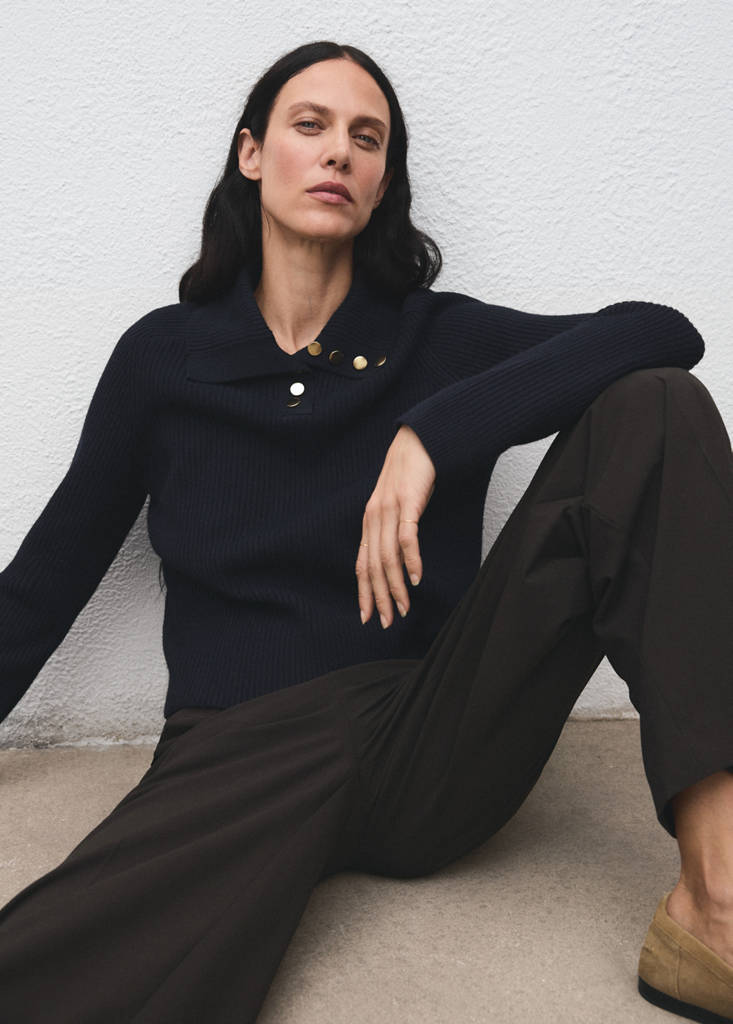 Pull En Maille Côtelée À Col Polo Et Boutons