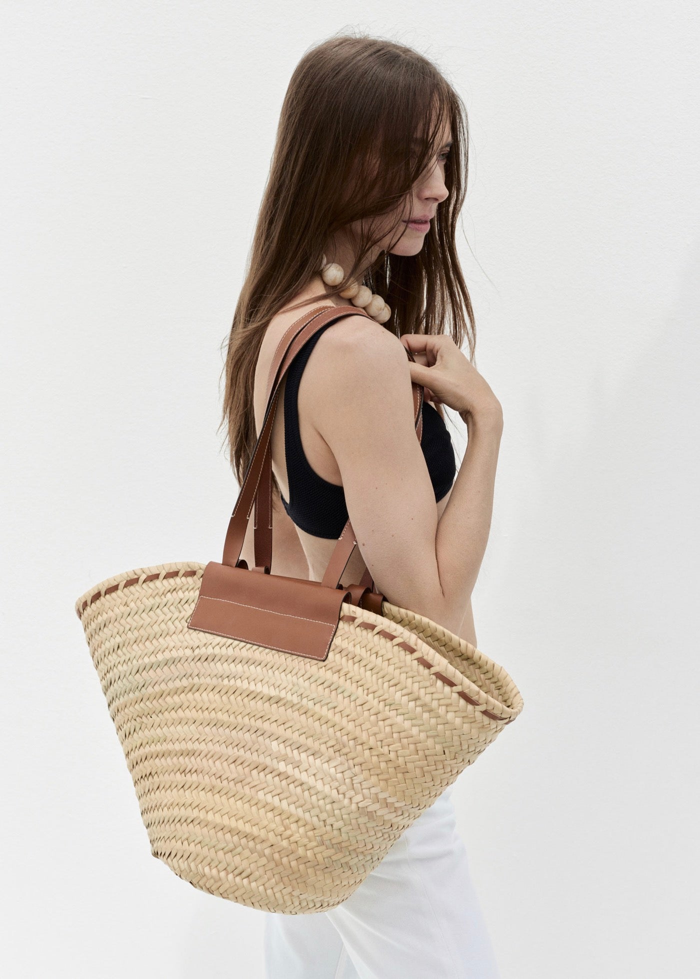 Grand Sac Cabas En Fibre Naturelle Anse Cuir
