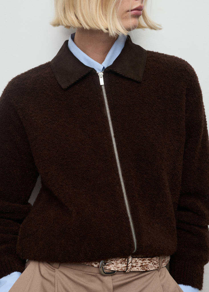 Veste En Maille Bouclée Avec Col En Velours Côtelé