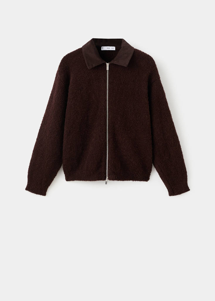 Veste En Maille Bouclée Avec Col En Velours Côtelé