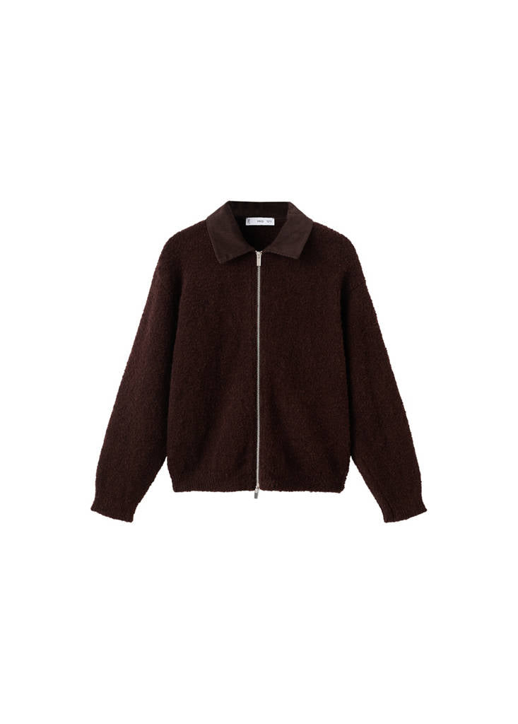Veste En Maille Bouclée Avec Col En Velours Côtelé