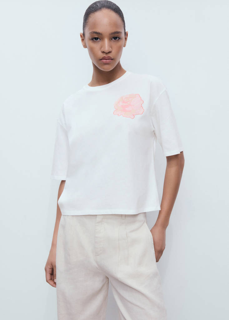 T-Shirt Coton Détail Fleur