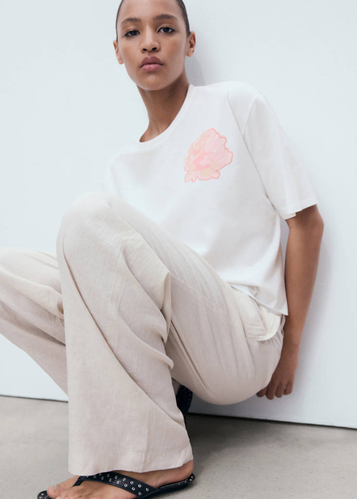 T-Shirt Coton Détail Fleur