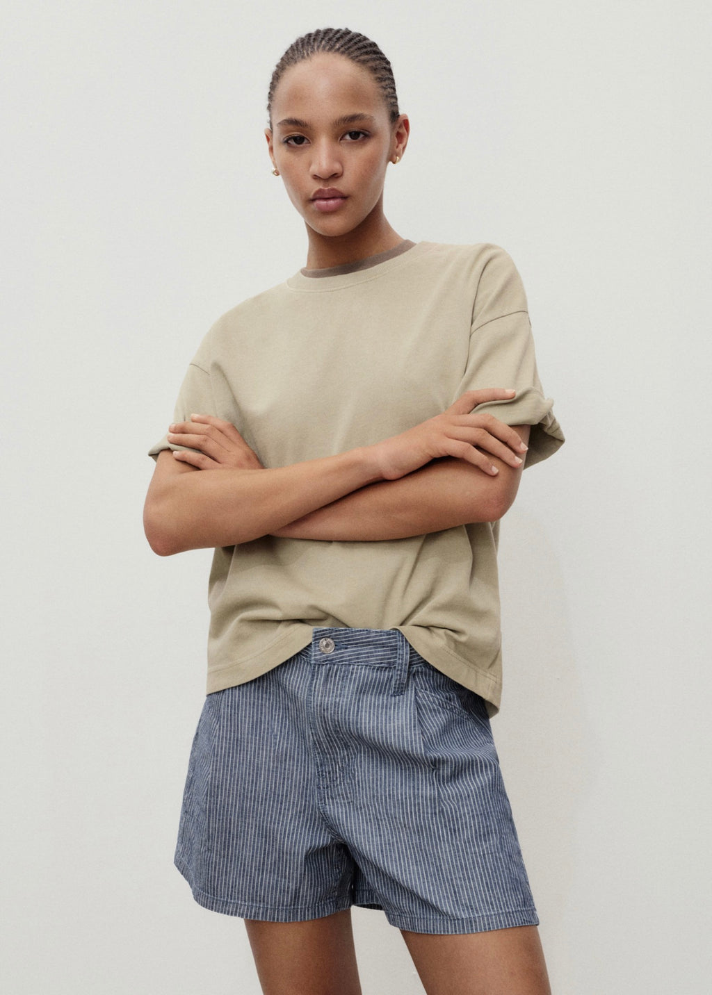 Short Denim À Pinces Et Rayures