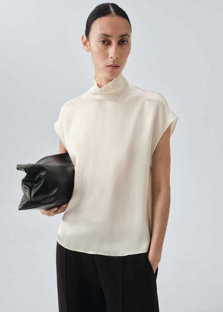 Blouse 100 % Soie Satinée Col Montant