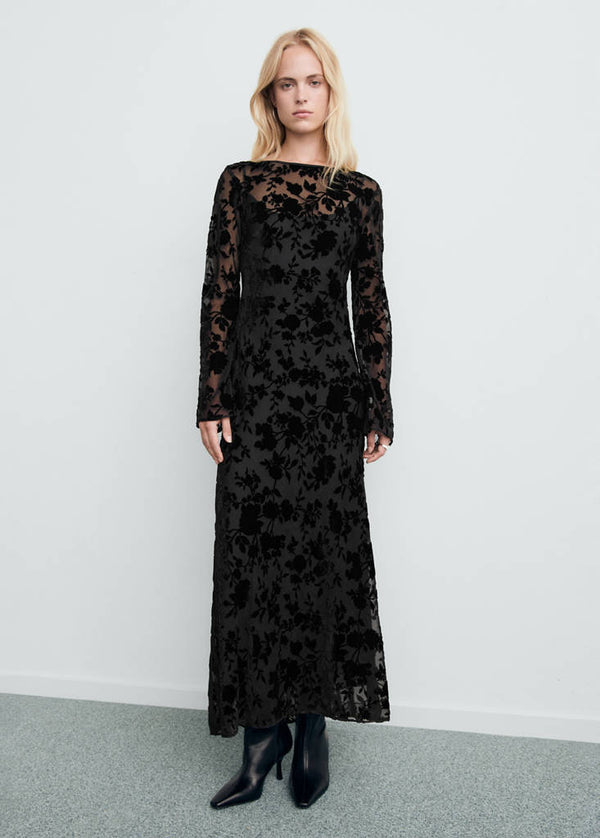 Jacquard jurk met bloemdessin en klokmouwen