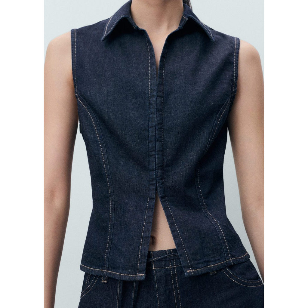 Top Denim Coutures Contrastantes
