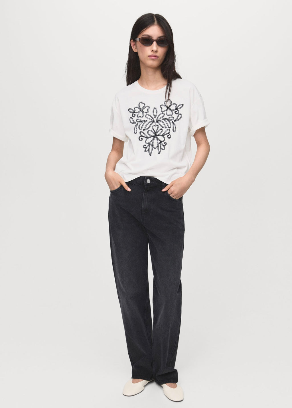 T-Shirt Coton Broderie À Fleurs