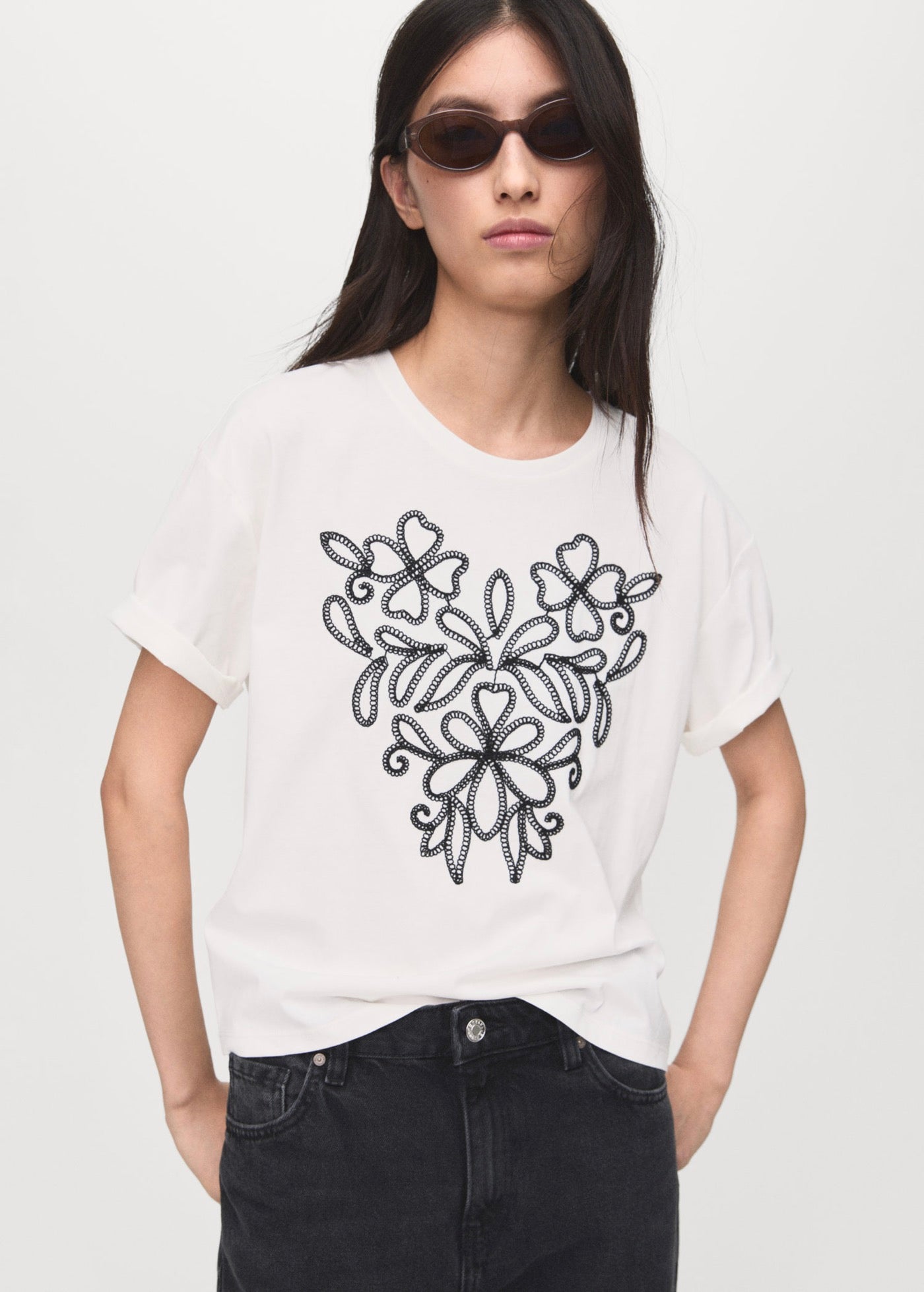 T-Shirt Coton Broderie À Fleurs