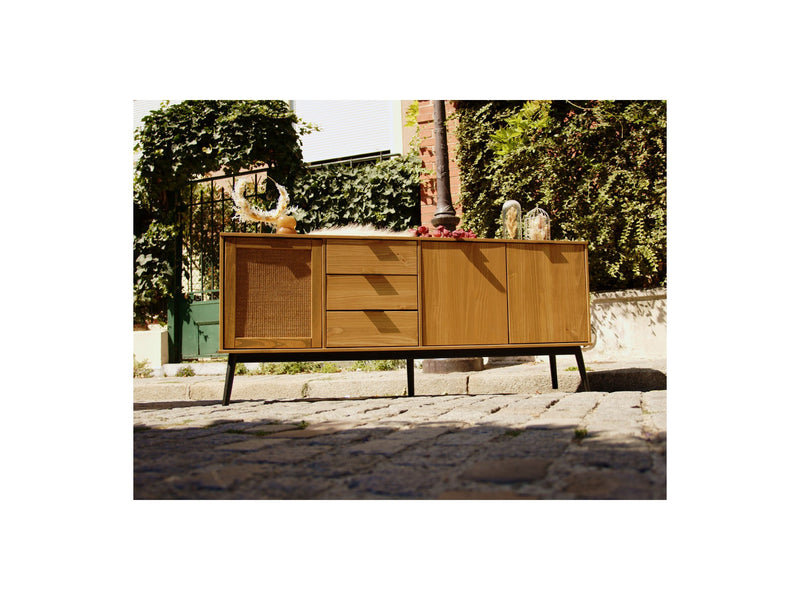 Albi - Buffet 3 Portes - Bois Massif Et Rotin