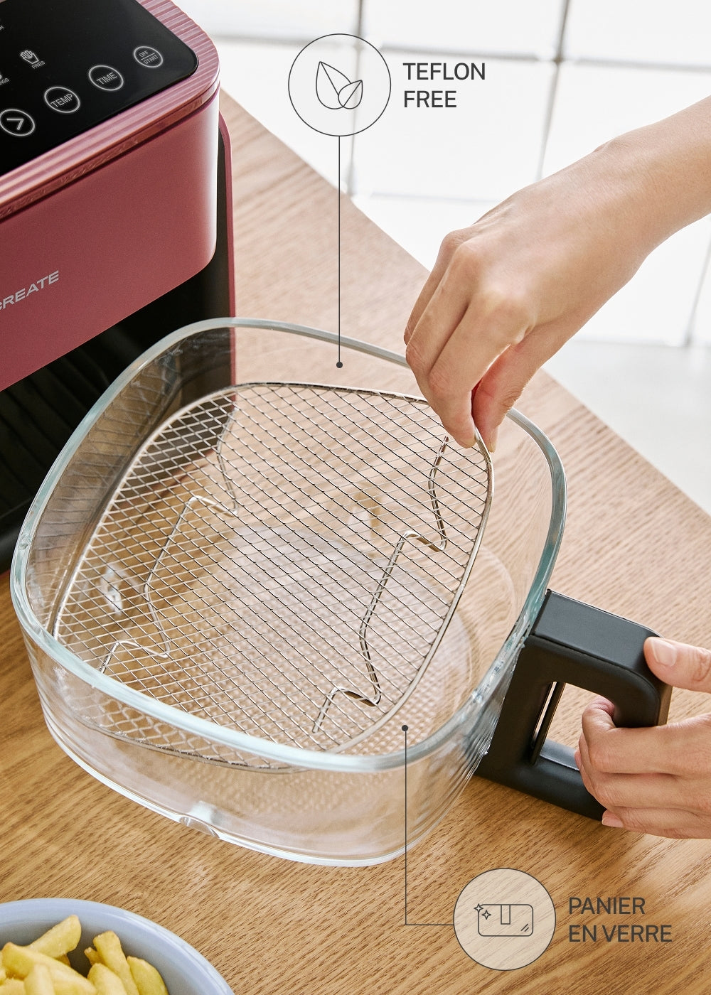 Air Fryer Studio Crystal - Friteuse Sans Huile En Verre Avec Vaporisateur - 4,2L - Bordeaux