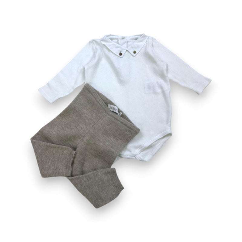 Bonpoint - Ensemble Body Blanc Et Legging En Laine Marron - 6 Mois