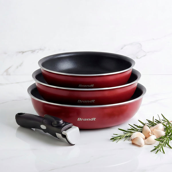 Set di 3 padelle con manico rimovibile - rosso cardinale