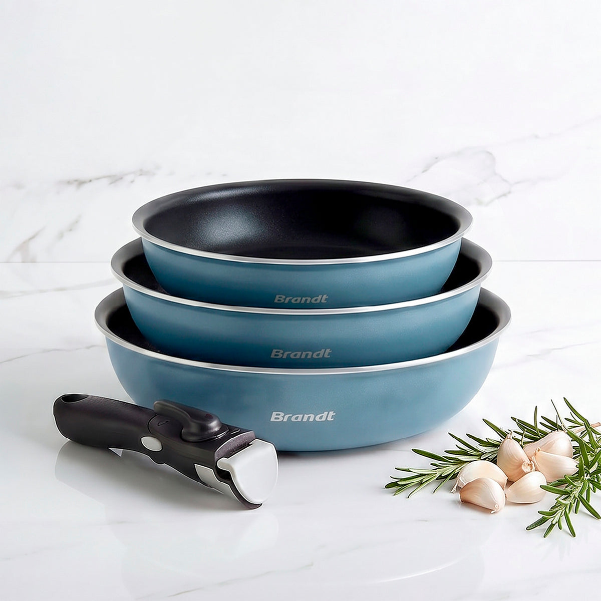 Set di 3 padelle con manico rimovibile - blu tempesta