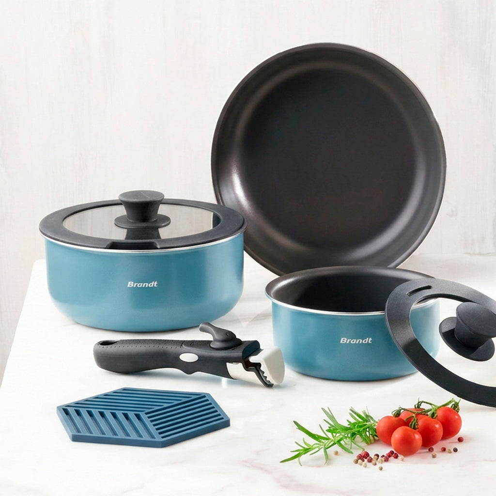 Set di 3 padelle con manico rimovibile - blu tempesta