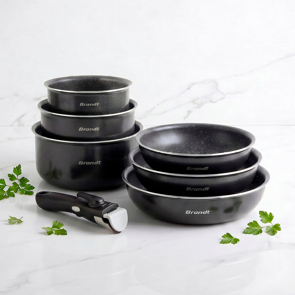 Batería de cocina apilable de 7 piezas con mango desmontable - Negro