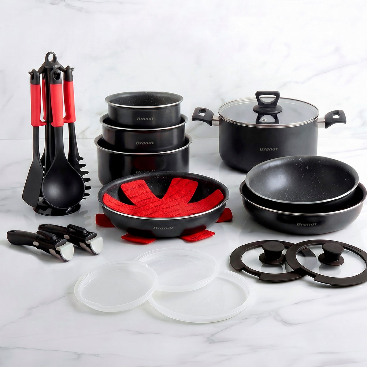 Batteria da cucina impilabile da 26 pezzi con manico rimovibile - nera