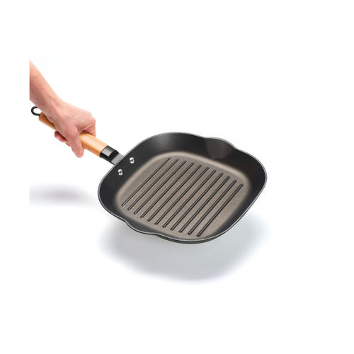 Poêle Gril En Fonte D'Acier Avec Manche En Bois - Noir