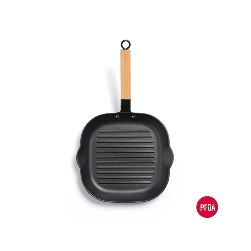 Poêle Gril En Fonte D'Acier Avec Manche En Bois - Noir