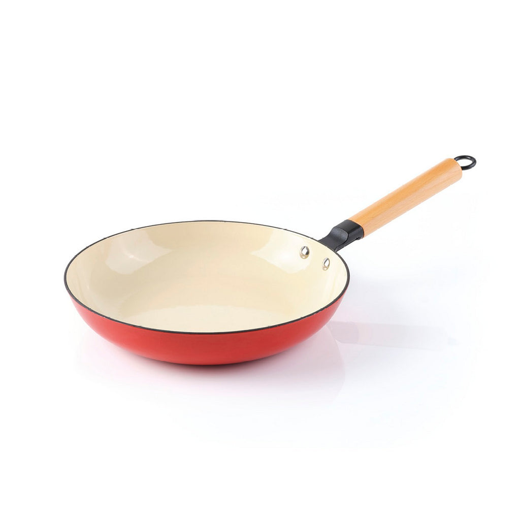 Padella in ghisa smaltata da 24 cm con manico in legno - bianco / rosso