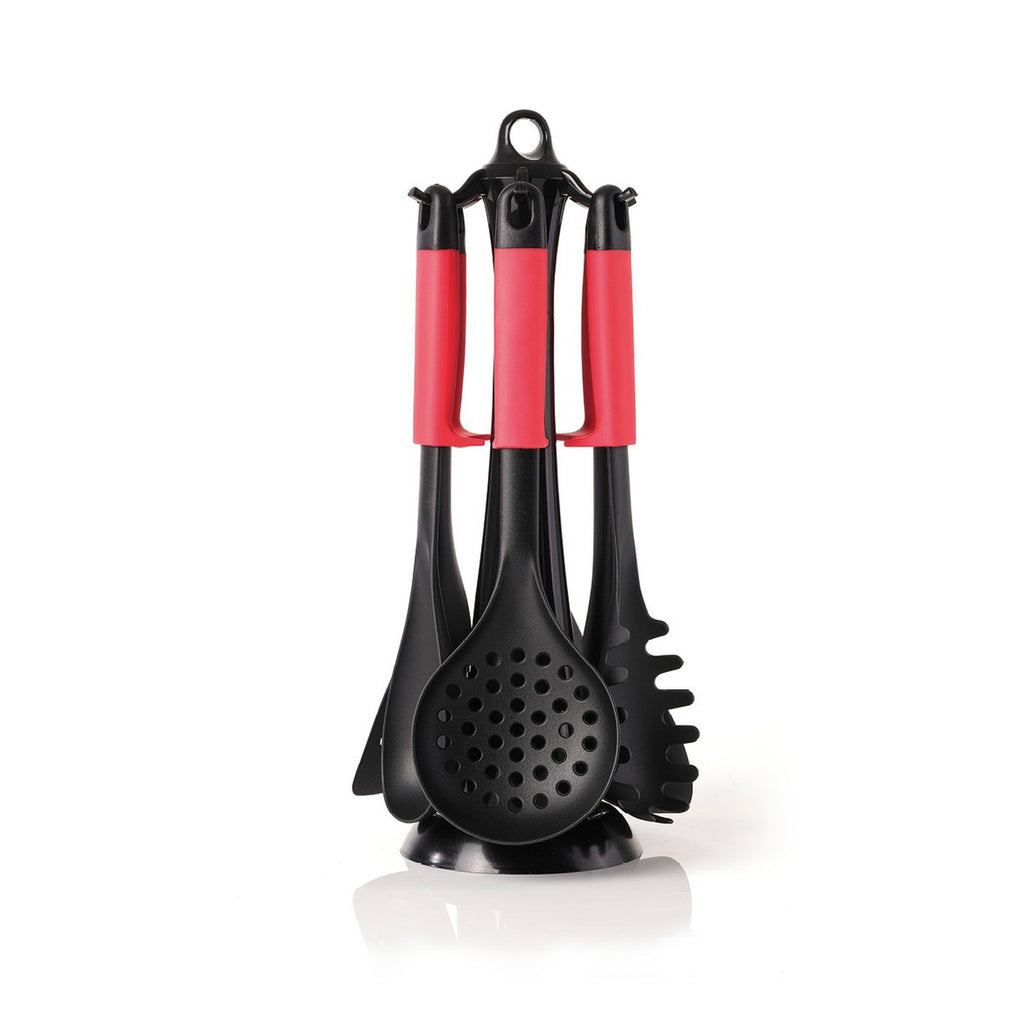 Set di 6 utensili da cucina con supporto girevole - rosso - rosso