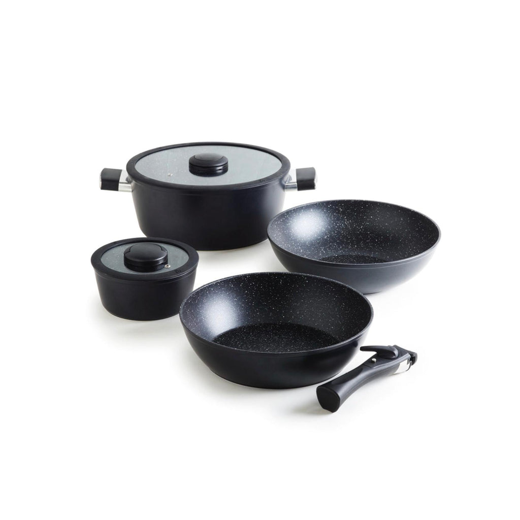 Pack De Cuisine Empilable En Aluminium Avec Poignée Amovible 5 Pièces - Noir