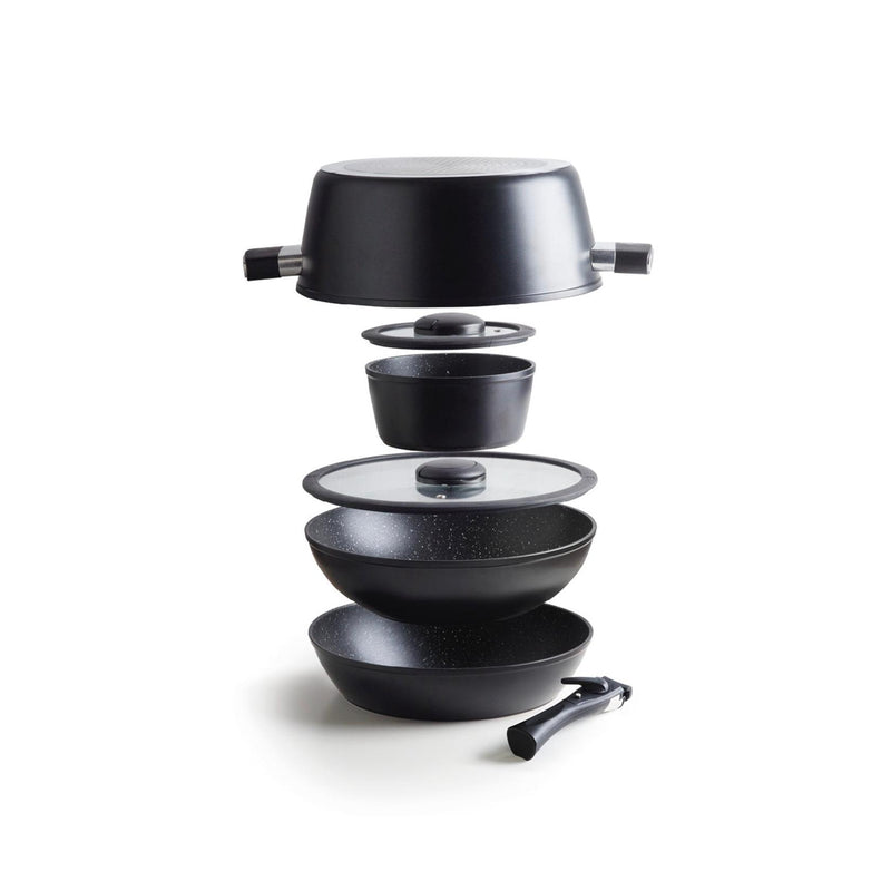 Pack De Cuisine Empilable En Aluminium Avec Poignée Amovible 5 Pièces - Noir