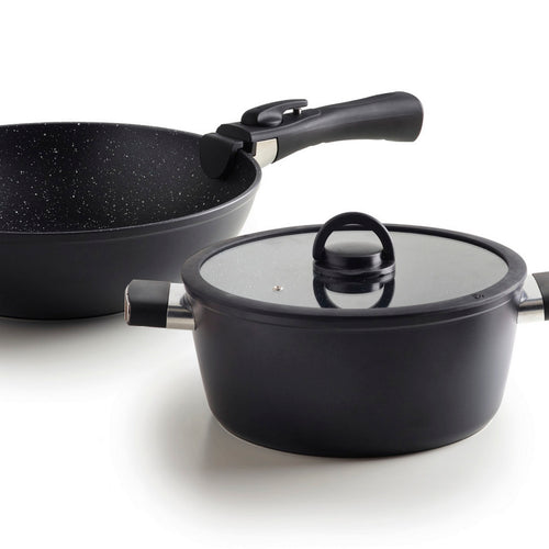 Pack De Cuisine Empilable En Aluminium Avec Poignée Amovible 5 Pièces (Casserole 28 Cm + Casserole 16 Cm + Poêle 28 Cm + Wok 28 Cm) - Noir
