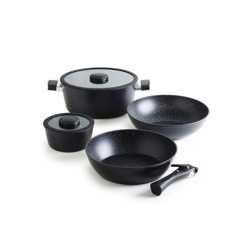 Pack De Cuisine Empilable En Aluminium Avec Poignée Amovible 5 Pièces - Noir