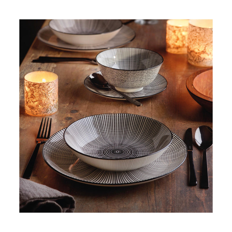 Service De Table 24 Pièces En Porcelaine Avec Relief - Blanc/Noir