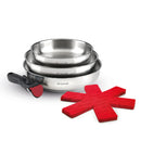 Set of 3 Stainless Steel Frying Pans with Removable Handle + 3 Frying Pan Separators - Silver / Black / Red