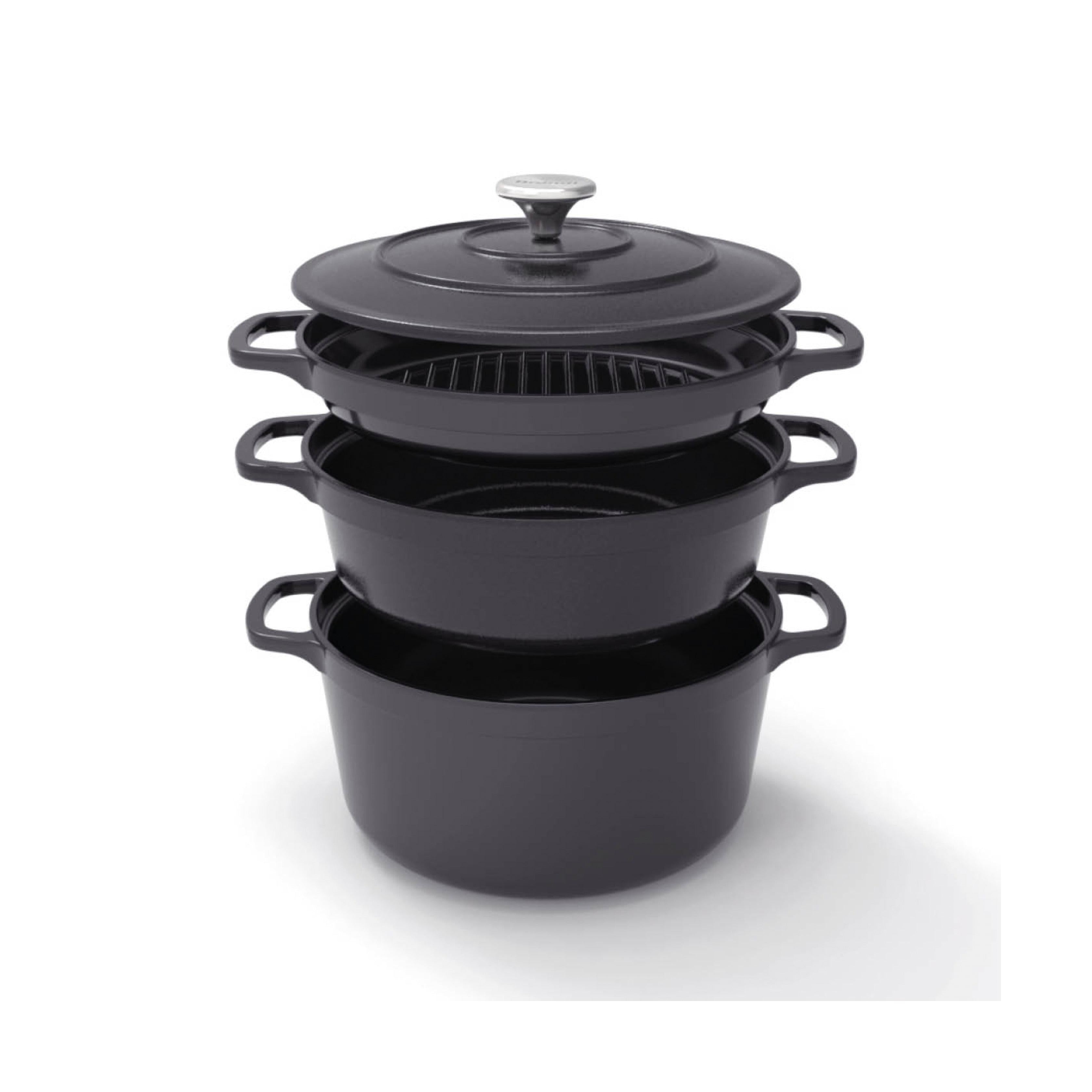 Batería de Cocina Apilable de Hierro Fundido 4 Piezas + 4 Protecciones de Silicona - Negro