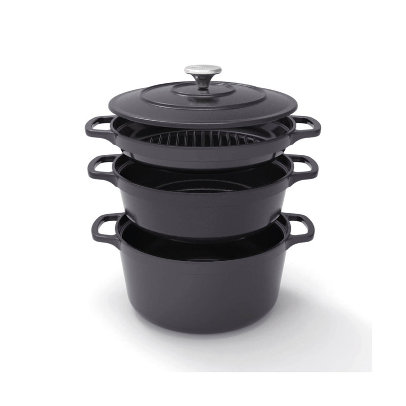 Batterie De Cuisine Empilable En Fonte 4 Pièces + 4 Protections En Silicone - Noir