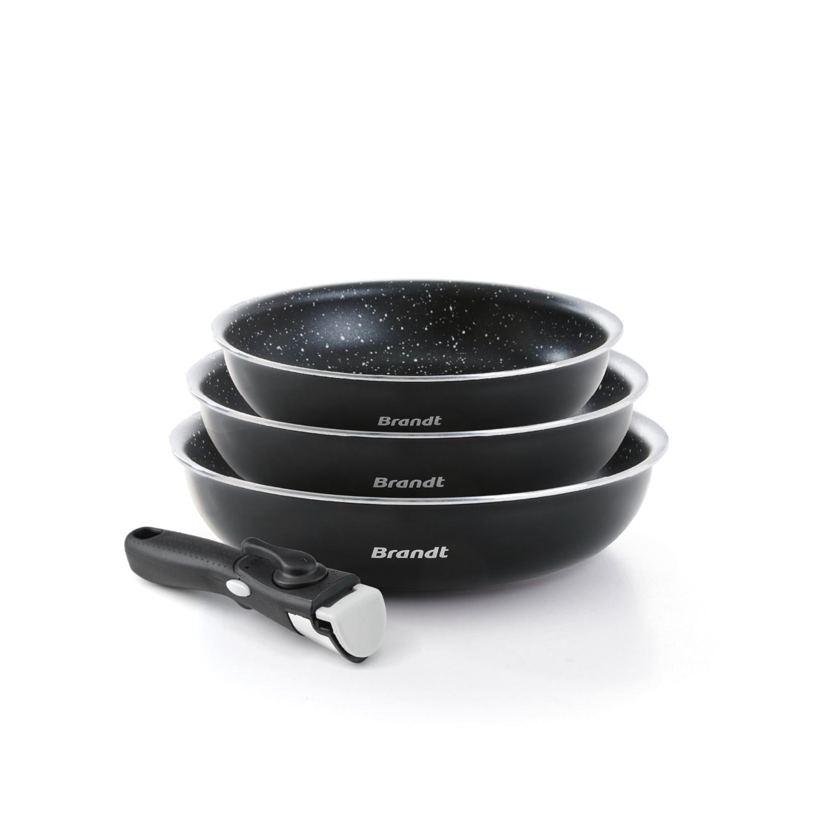 Set of 3 Aluminium Frying Pans with Removable Handle - Black