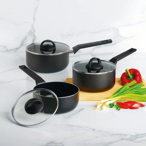 Set De 3 Casseroles Avec Poignée En Bakélite + Couvercles 16 + 18 + 20 Cm - Noir