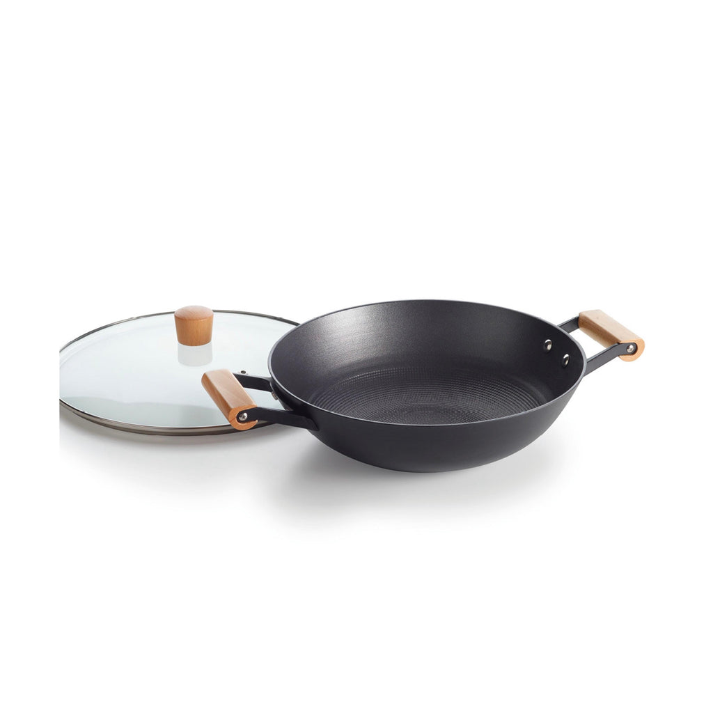 Cast Iron Wok with Honeycomb Structure and Wooden Handles - Black