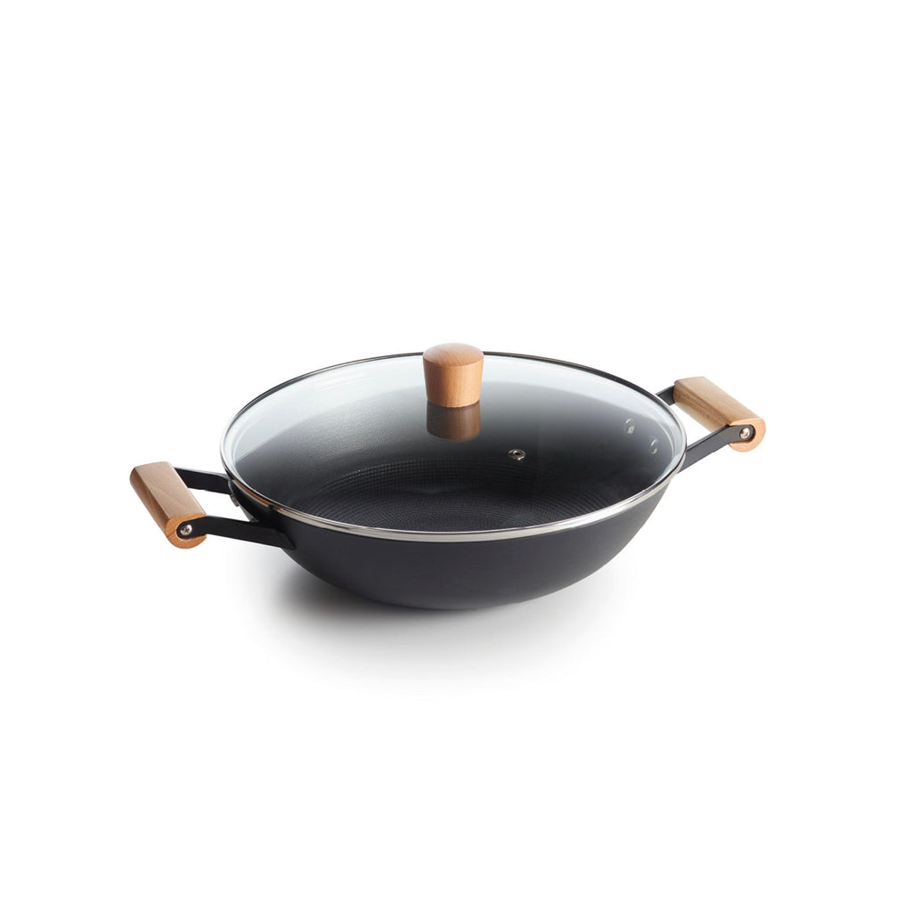 Cast Iron Wok with Honeycomb Structure and Wooden Handles - Black