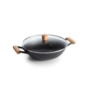 Wok En Fonte Structure Nid D'Abeille Avec Poignées En Bois - Noir